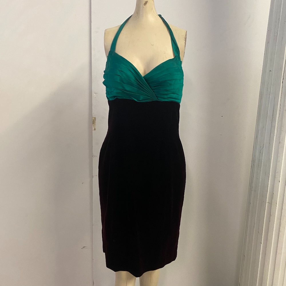 Green and red halter cocktail dress